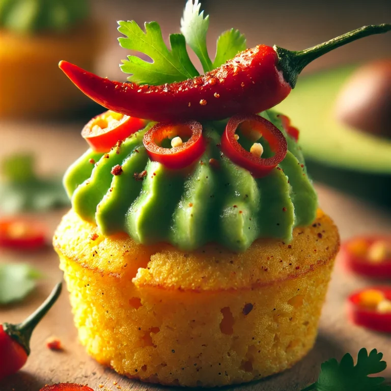 A golden cornbread bite topped with avocado cream, fresh cilantro, and a red chili slice, photographed in warm, natural light.